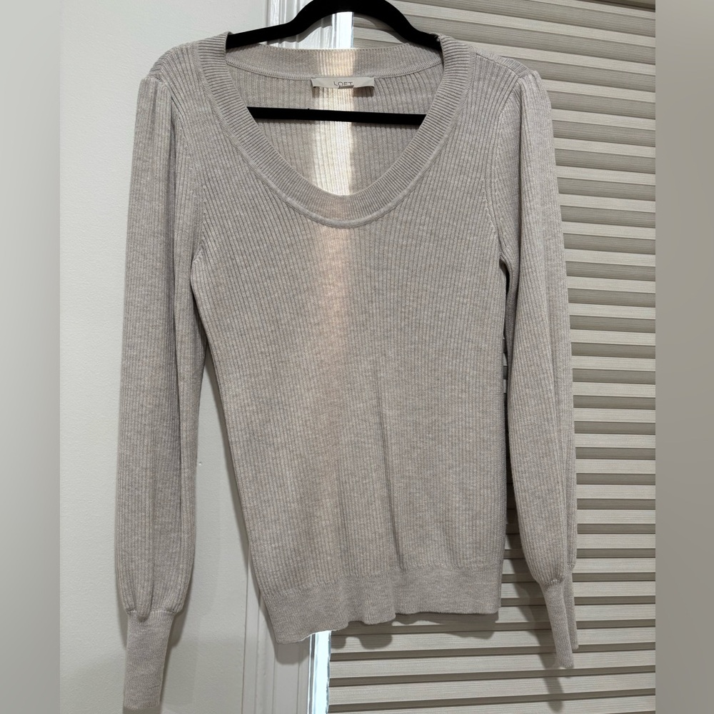 LOFT Light Gray Ribbed Scoop Neck Sweater